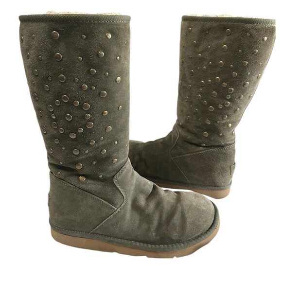 Ugg Rock Star Womens Studded Olive Green Suede Shearling Knee High Boots Sz 8 - Picture 2 of 13